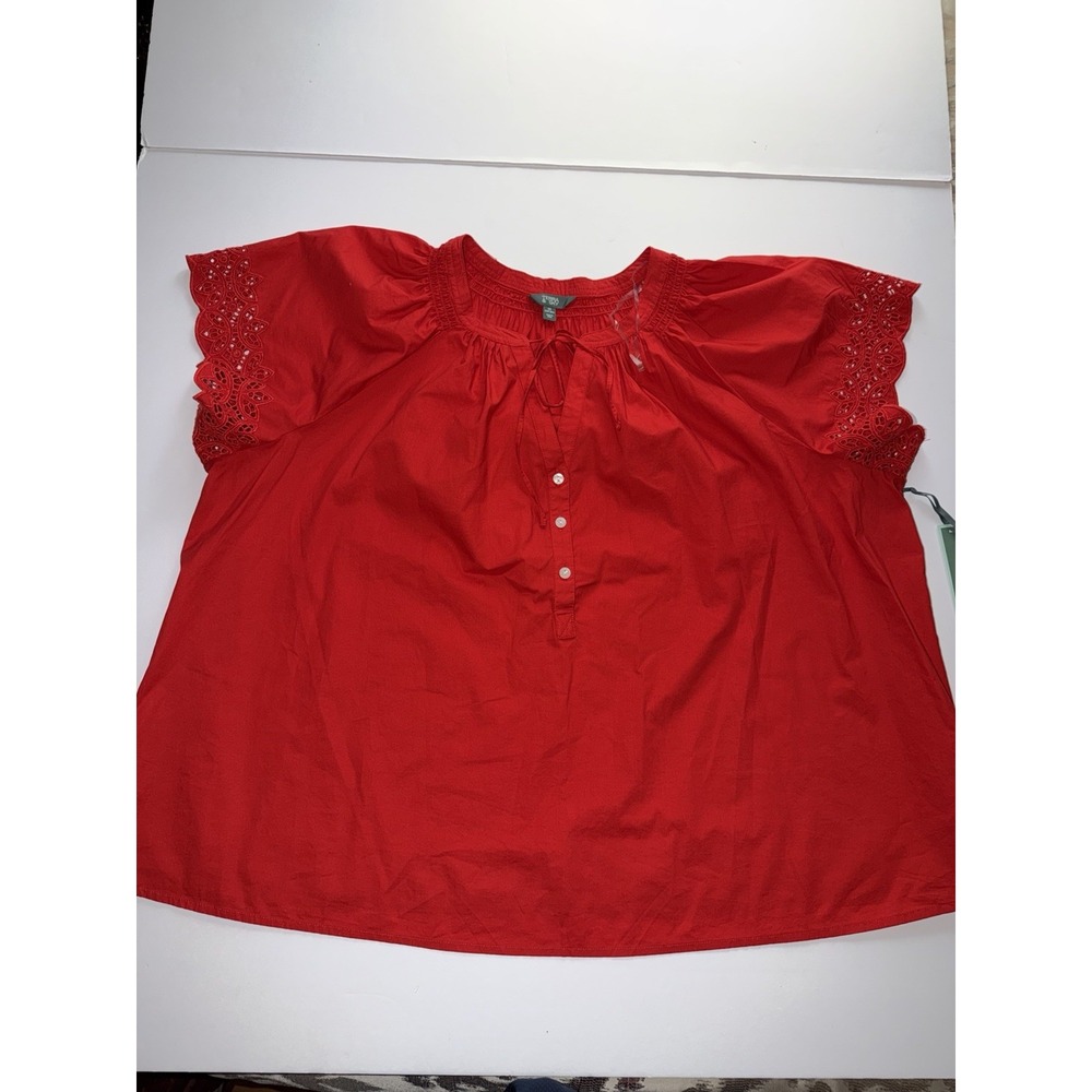 Terra & Sky Women 3X Eyelet Blouse Top Red  100% Cotton Crochet Cottagecore NWT